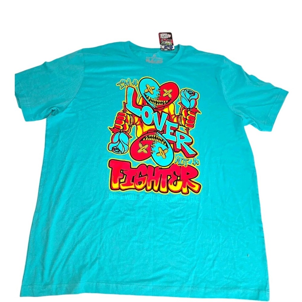 Baws Mens Shirt Lover Not A Fighter Graphic Shirt Size 2XL XXL Aqua NEW
